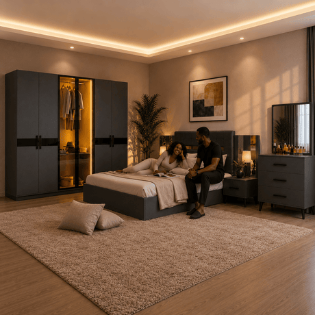 Furniture Sarayi Bedroom Furniture Modern 5 Piece Anthracite Bedroom Set with Queen Sized Bed, LED Wardrobe, Side Tables & Dresser Mirror