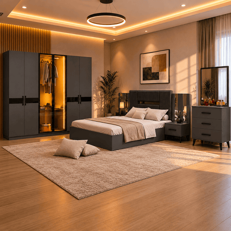 Furniture Sarayi Bedroom Furniture Modern 5 Piece Anthracite Bedroom Set with Queen Sized Bed, LED Wardrobe, Side Tables & Dresser Mirror