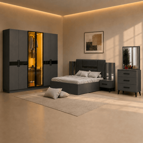Furniture Sarayi Bedroom Furniture Modern 5 Piece Anthracite Bedroom Set with Queen Sized Bed, LED Wardrobe, Side Tables & Dresser Mirror