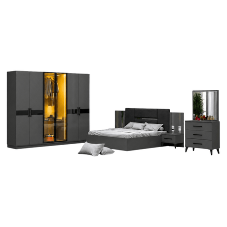 Furniture Sarayi Bedroom Furniture Modern 5 Piece Anthracite Bedroom Set with Queen Sized Bed, LED Wardrobe, Side Tables & Dresser Mirror