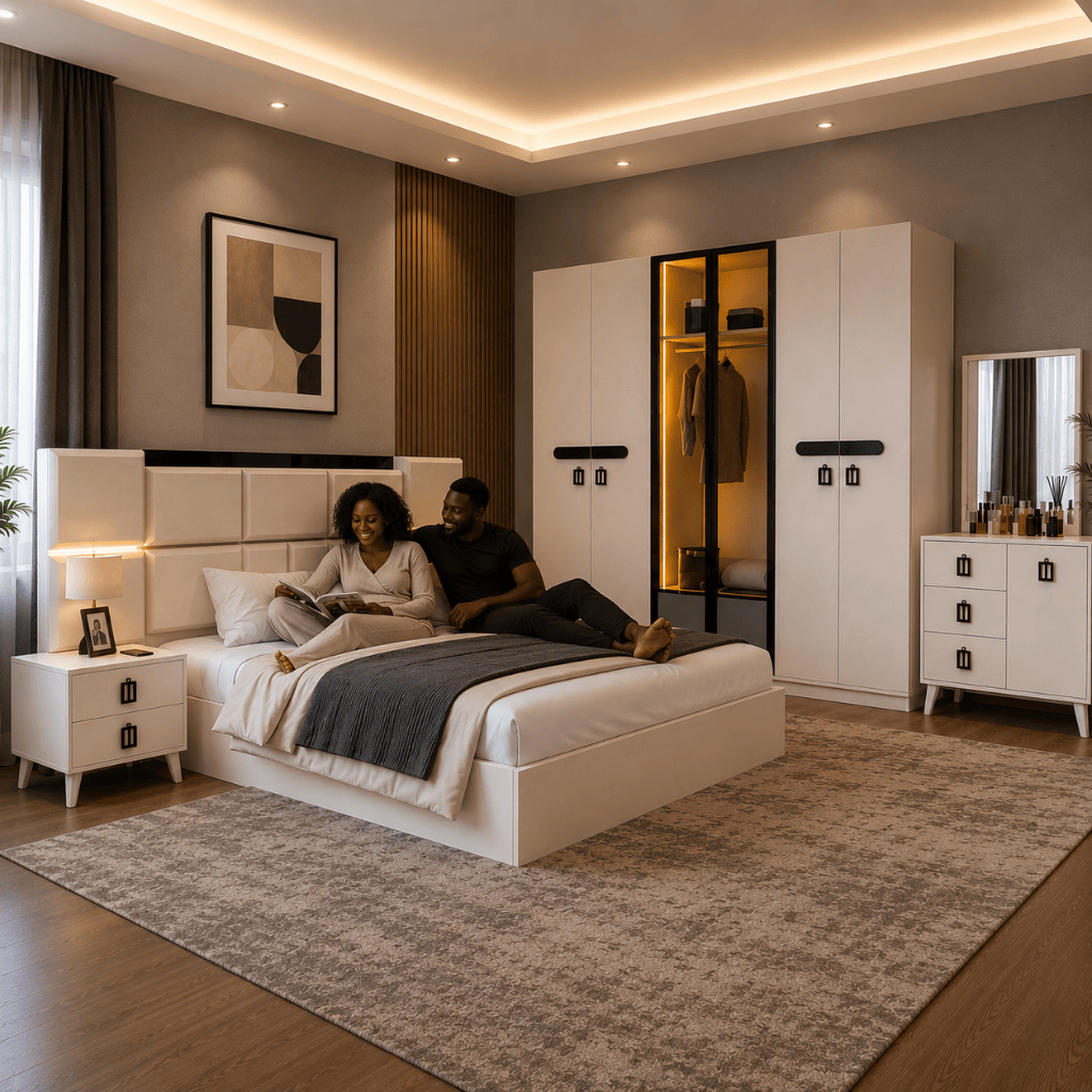 Furniture Sarayi Bedroom Furniture Modern 5 Piece Vision Bedroom Set with Queen Sized Bed, LED Wardrobe, Side Tables & Dresser Mirror