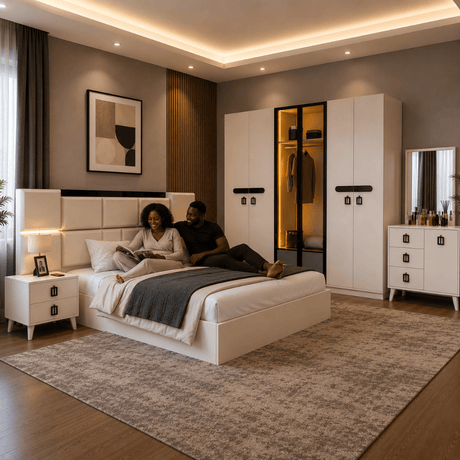 Furniture Sarayi Bedroom Furniture Modern 5 Piece Vision Bedroom Set with Queen Sized Bed, LED Wardrobe, Side Tables & Dresser Mirror