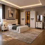 Furniture Sarayi Bedroom Furniture Modern 5 Piece Vision Bedroom Set with Queen Sized Bed, LED Wardrobe, Side Tables & Dresser Mirror