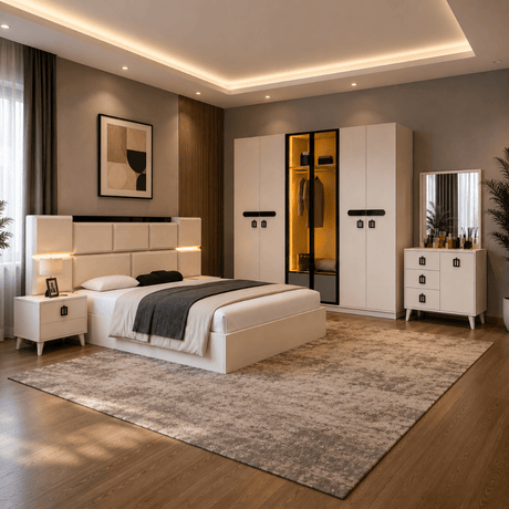 Furniture Sarayi Bedroom Furniture Modern 5 Piece Vision Bedroom Set with Queen Sized Bed, LED Wardrobe, Side Tables & Dresser Mirror