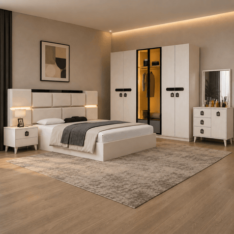 Furniture Sarayi Bedroom Furniture Modern 5 Piece Vision Bedroom Set with Queen Sized Bed, LED Wardrobe, Side Tables & Dresser Mirror