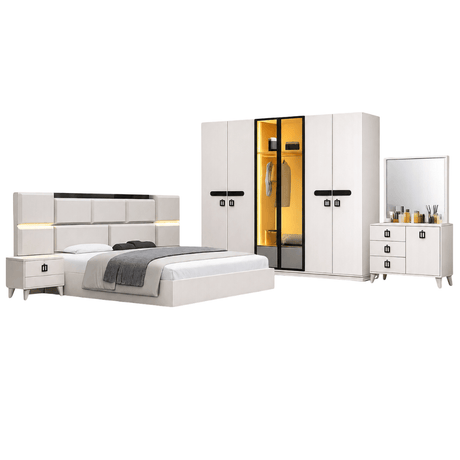 Furniture Sarayi Bedroom Furniture Modern 5 Piece Vision Bedroom Set with Queen Sized Bed, LED Wardrobe, Side Tables & Dresser Mirror