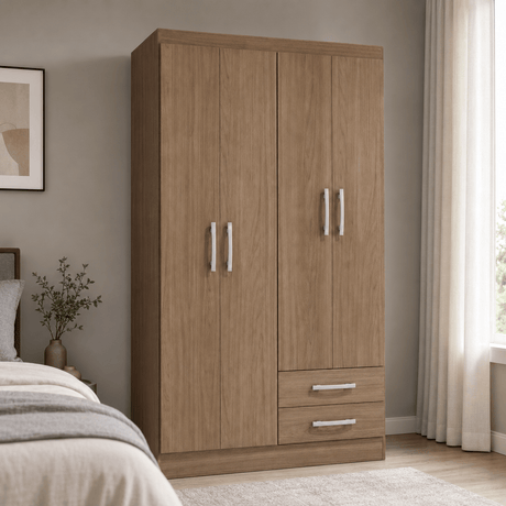 Furniture Sarayi Bedroom Furniture Modern Four Door Wooden Bedroom Wardrobe with 2 Hanging Rails & 2 Drawers - EX086