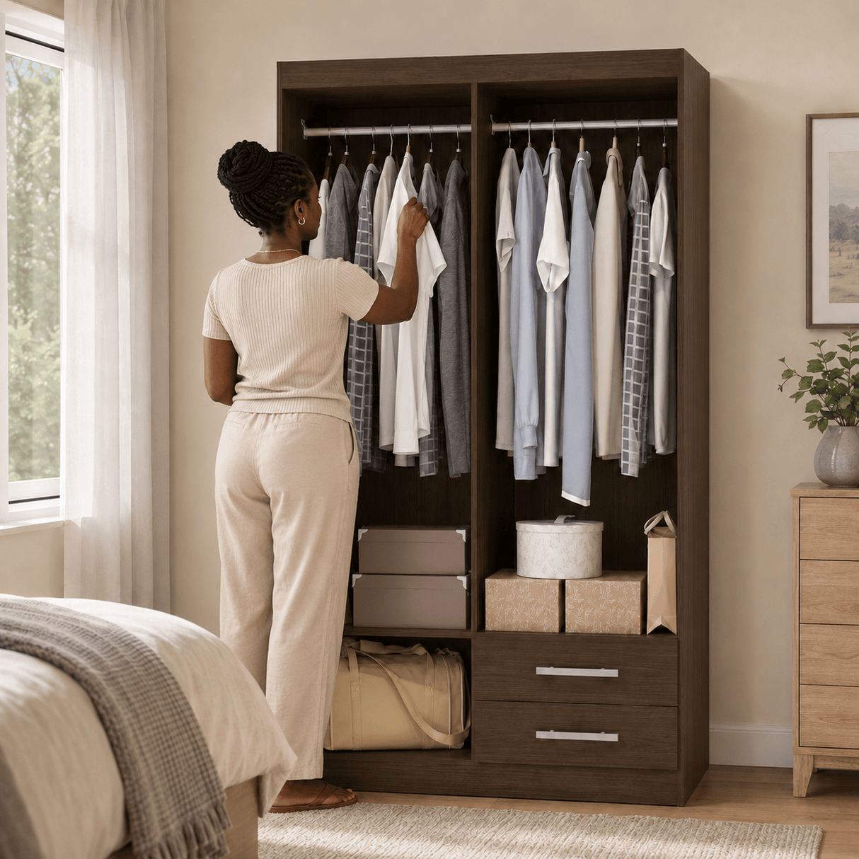 Furniture Sarayi Bedroom Furniture Modern Four Door Wooden Bedroom Wardrobe with 2 Hanging Rails & 2 Drawers - EX086