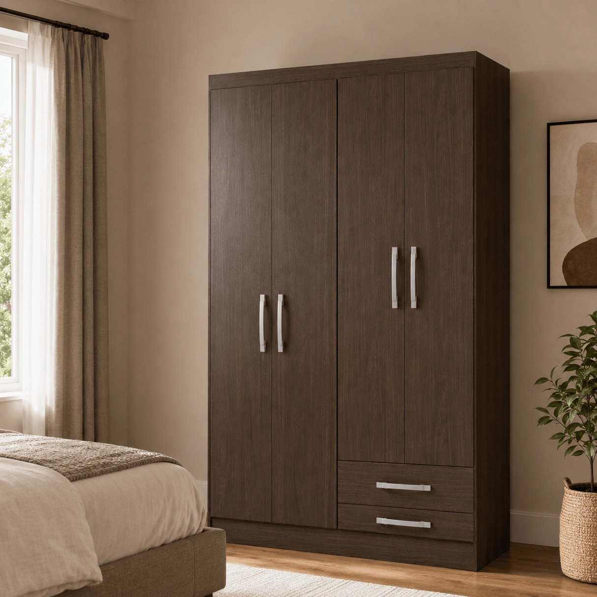 Furniture Sarayi Bedroom Furniture Modern Four Door Wooden Bedroom Wardrobe with 2 Hanging Rails & 2 Drawers - EX086