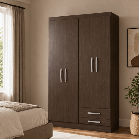 Furniture Sarayi Bedroom Furniture Modern Four Door Wooden Bedroom Wardrobe with 2 Hanging Rails & 2 Drawers - EX086