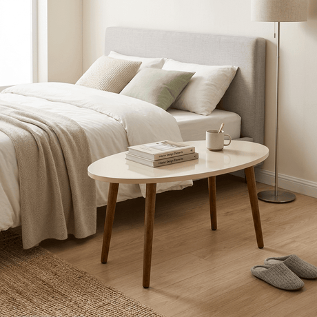 Furniture Sarayi Living Room Furniture Modern Oval Coffee Table with Cream Top Finish & Wooden Legs - F-2000