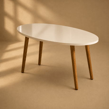 Furniture Sarayi Living Room Furniture Modern Oval Coffee Table with Cream Top Finish & Wooden Legs - F-2000