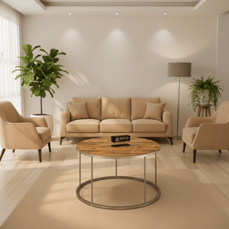 Furniture Sarayi Living Room Furniture Modern Round Coffee Table Wood Finish Top with Silver Metal Frame - F-2317