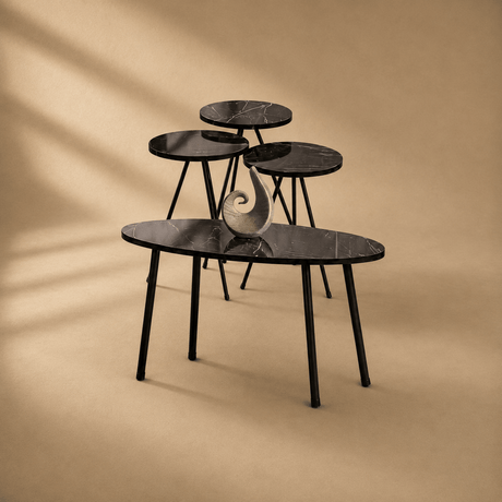 Furniture Sarayi Living Room Furniture Modern Round Nesting Coffee Table Set Black Marble Finish with Center Table & 3 Coffee Tables - F-3015