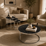 Furniture Sarayi Living Room Furniture Modern Round Nesting Coffee Table Set Black Marble Top with Silver Metal Frame - F-9002