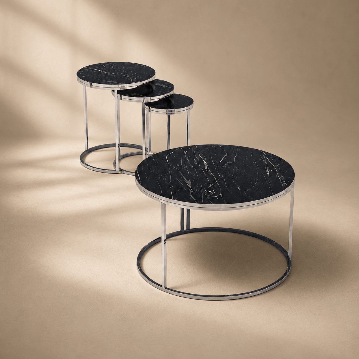 Furniture Sarayi Living Room Furniture Modern Round Nesting Coffee Table Set Black Marble Top with Silver Metal Frame - F-9002