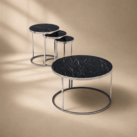 Furniture Sarayi Living Room Furniture Modern Round Nesting Coffee Table Set Black Marble Top with Silver Metal Frame - F-9002
