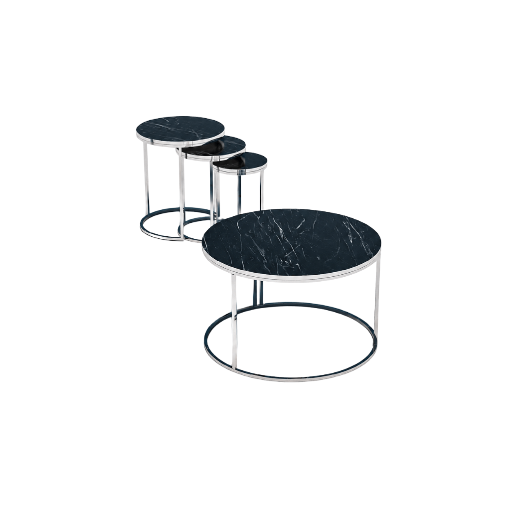 Furniture Sarayi Living Room Furniture Modern Round Nesting Coffee Table Set Black Marble Top with Silver Metal Frame - F-9002