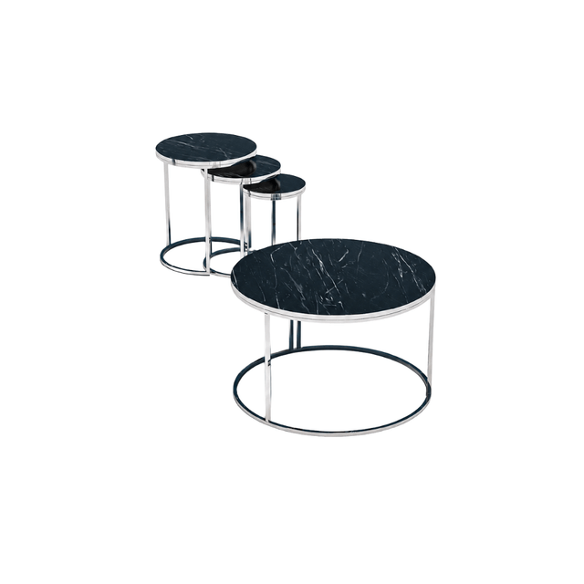 Furniture Sarayi Living Room Furniture Modern Round Nesting Coffee Table Set Black Marble Top with Silver Metal Frame - F-9002
