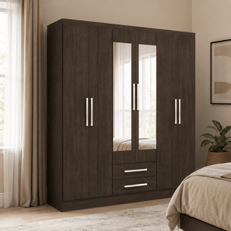 Furniture Sarayi Bedroom Furniture Modern Six Door Wooden Bedroom Wardrobe with Dual Mirrors & 2 Drawers - EX0256