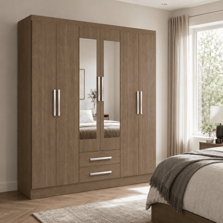Furniture Sarayi Bedroom Furniture Modern Six Door Wooden Bedroom Wardrobe with Dual Mirrors & 2 Drawers - EX0256