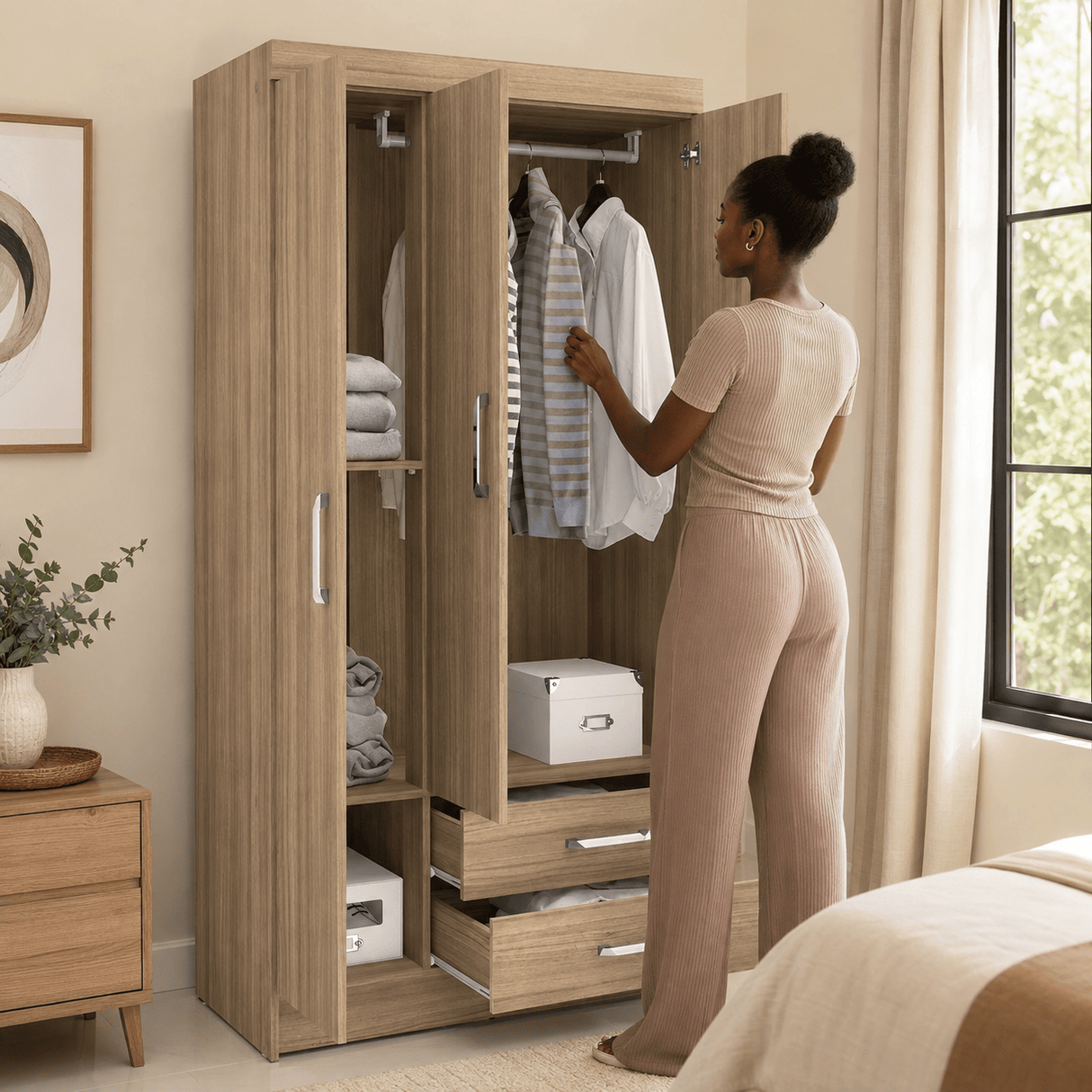 Furniture Sarayi Bedroom Furniture Modern Three Door Wooden Bedroom Wardrobe with Hanging Rail & 2 Drawers - EX085-NT