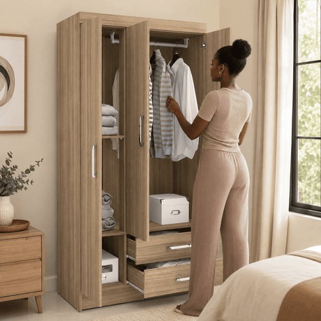 Furniture Sarayi Bedroom Furniture Modern Three Door Wooden Bedroom Wardrobe with Hanging Rail & 2 Drawers - EX085-NT
