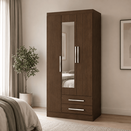Furniture Sarayi Bedroom Furniture Modern Three Door Wooden Bedroom Wardrobe with Mirror & 2 Drawers - EX098-JA