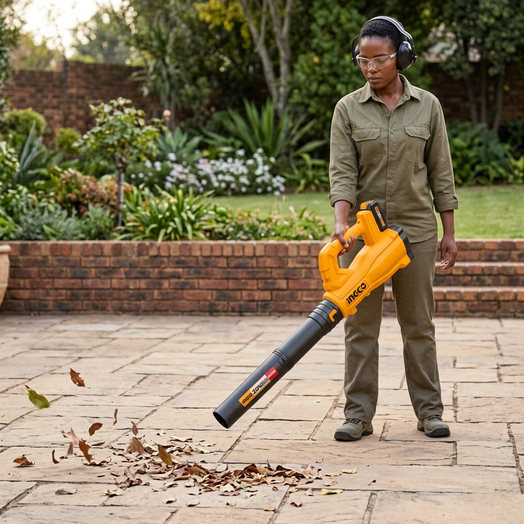 Garden maintenance professional clearing a patio with the Ingco cordless blower