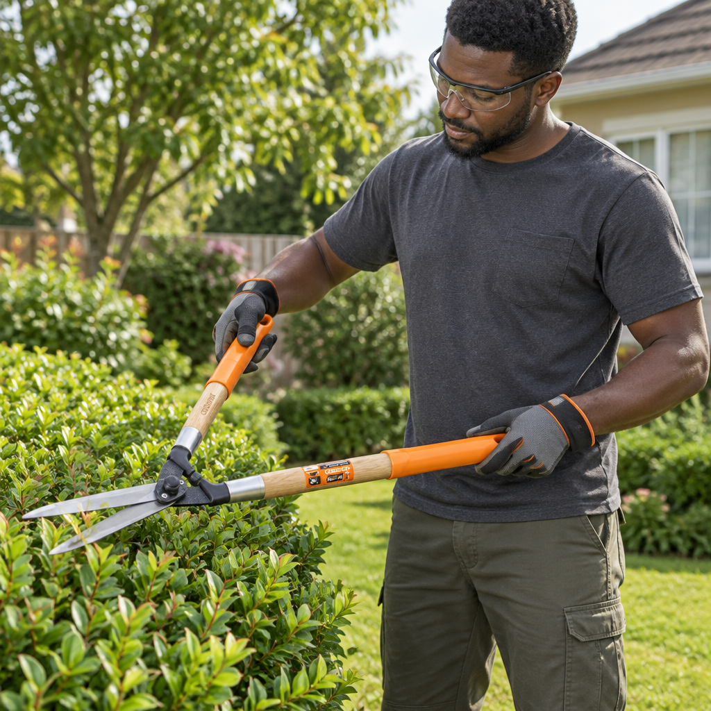 Gardener using Coofix hedge shears