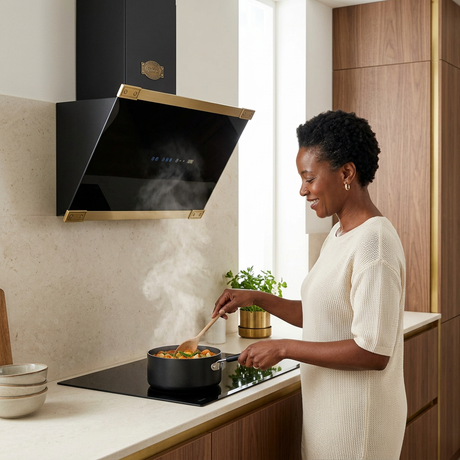 Home cook beneath the black-and-brass Kaiser Art Deco cooker hood
