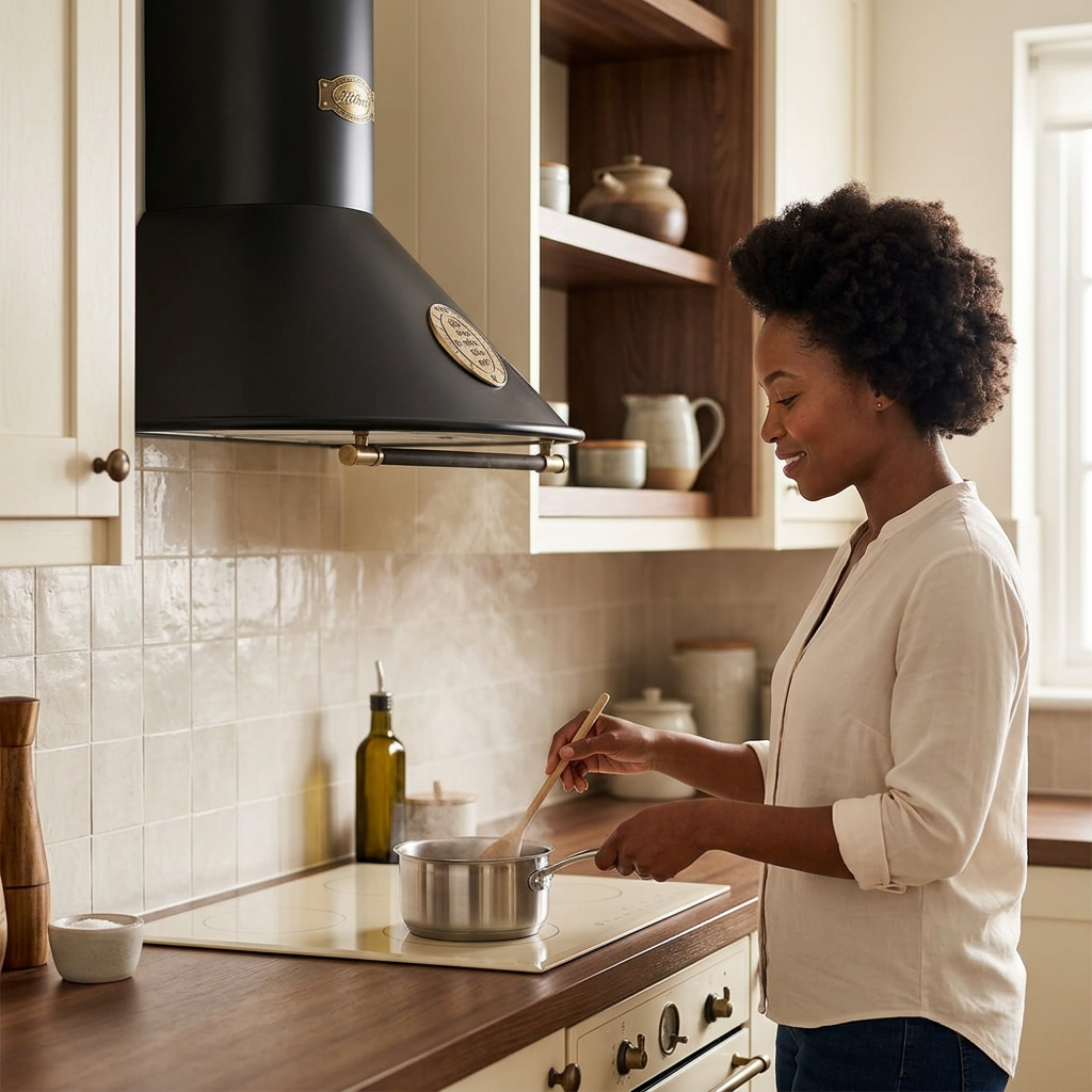 Home cook beneath the black Belle Epoque hood