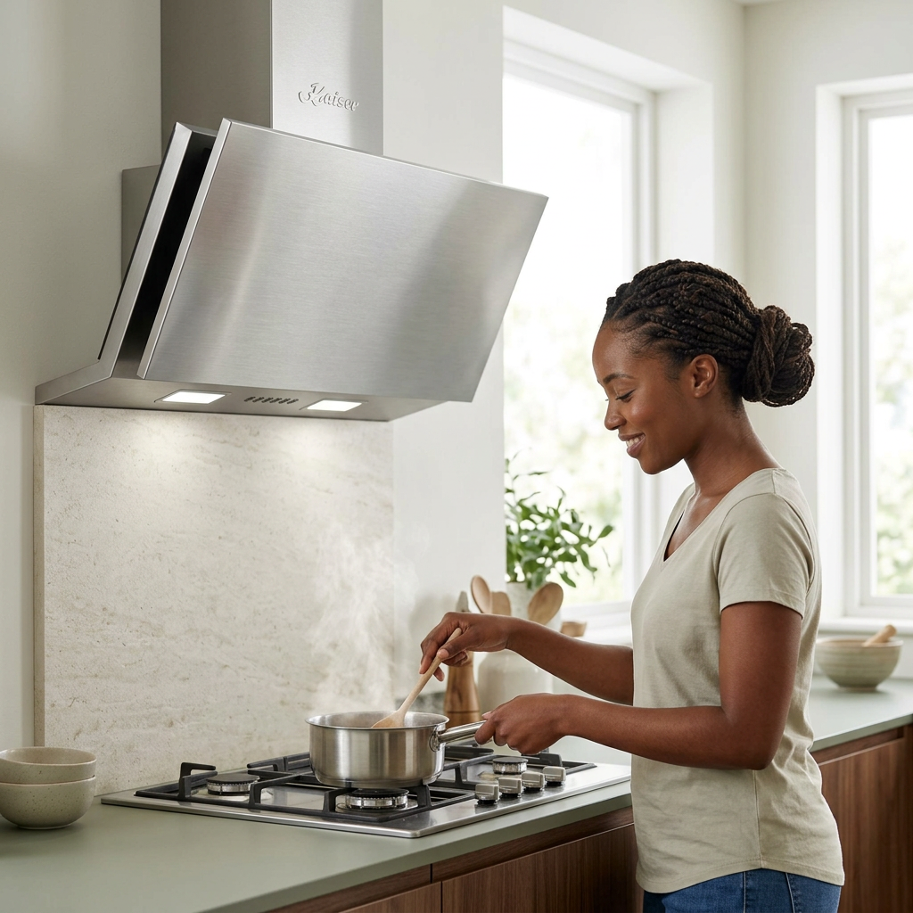 Home cook beneath the Kaiser stainless steel hood in a bright kitchen