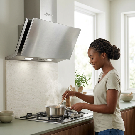 Home cook beneath the Kaiser stainless steel hood in a bright kitchen