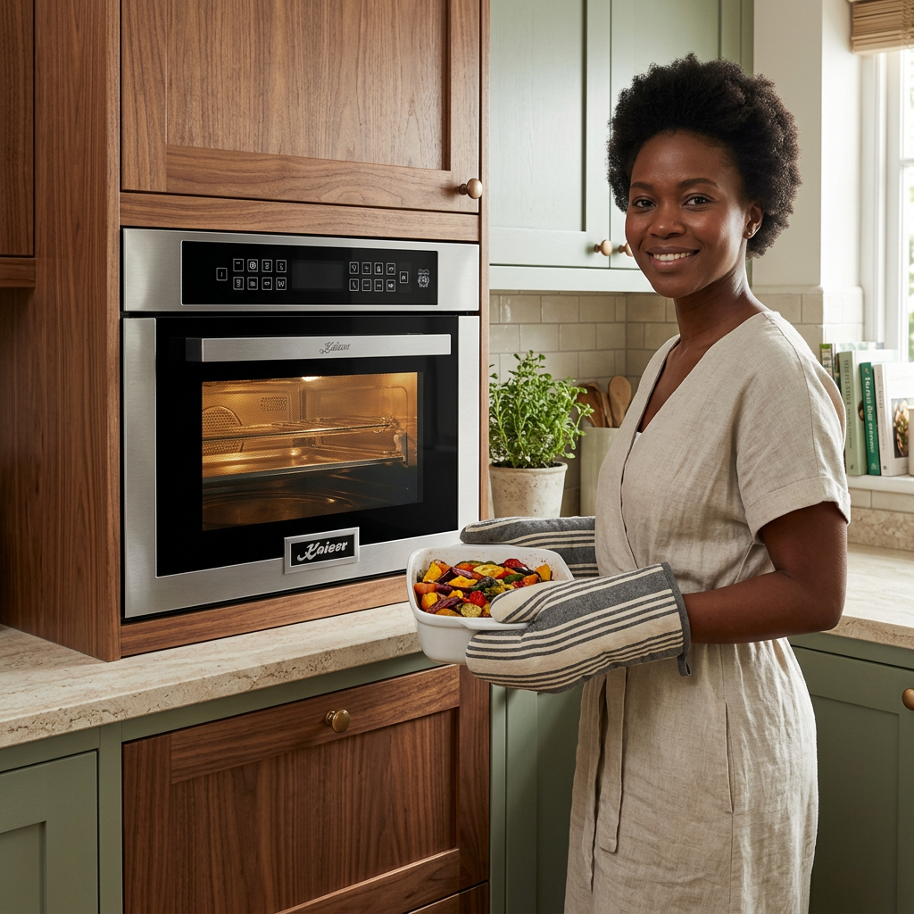 Home cook holding a ceramic dish beside the Kaiser compact oven
