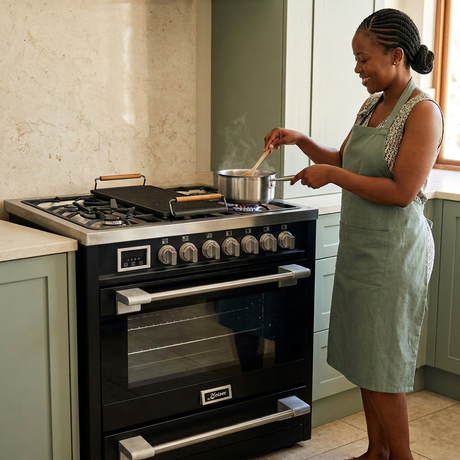 Home cook using the black Kaiser cooker in a sage kitchen