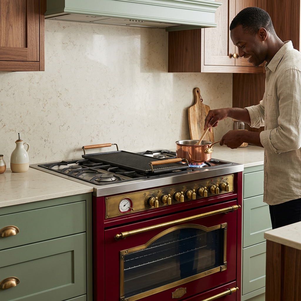 Home cook using the Bordeaux red Kaiser range in a sage kitchen