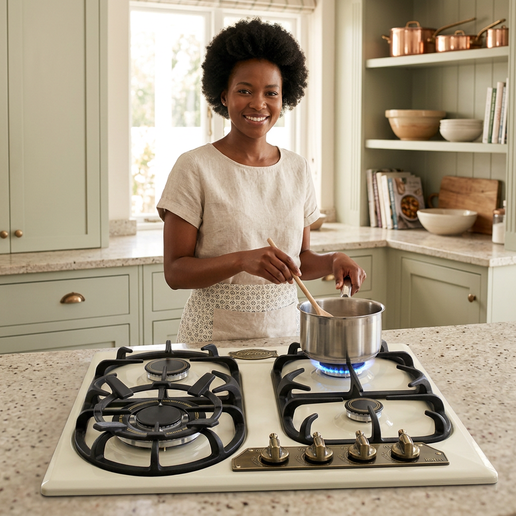 Home cook using the cream Kaiser Empire gas hob in a sunlit kitchen