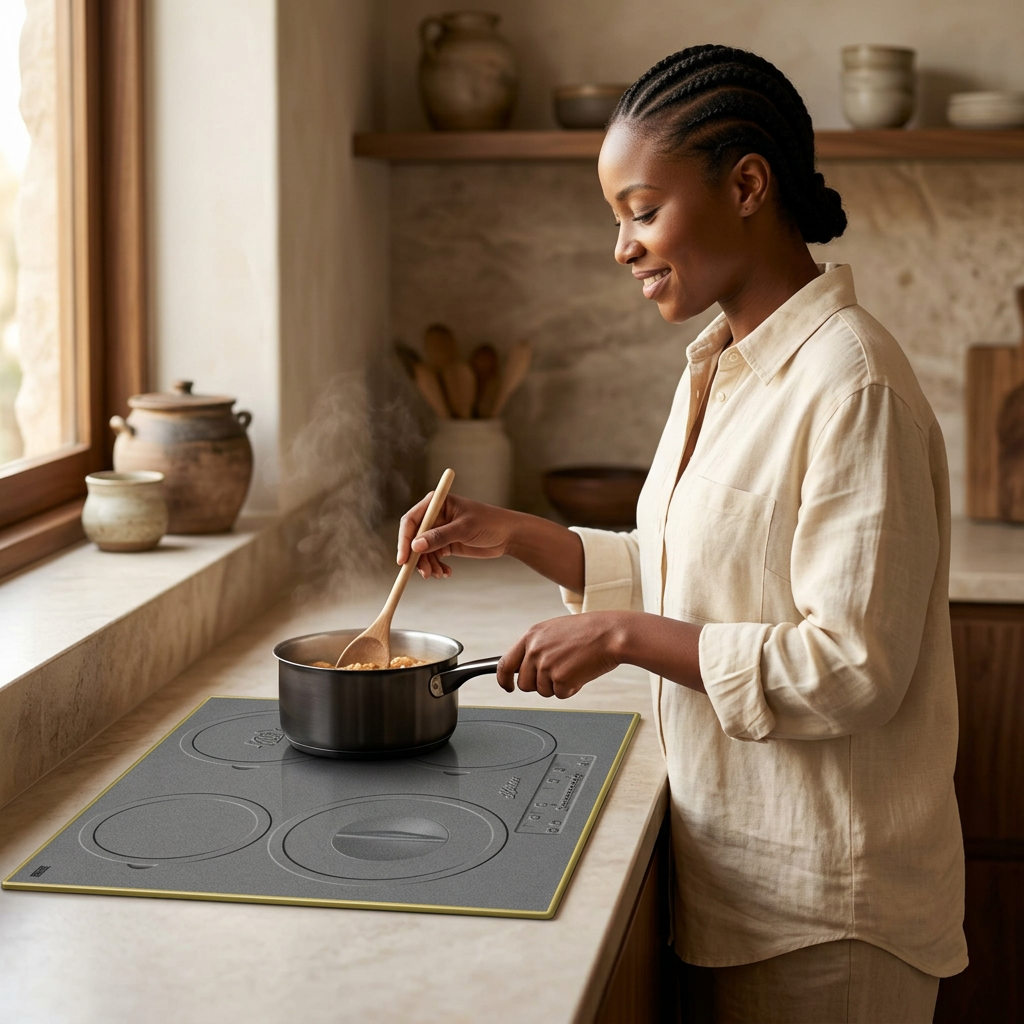 Home cook using the gold-framed Kaiser induction hob