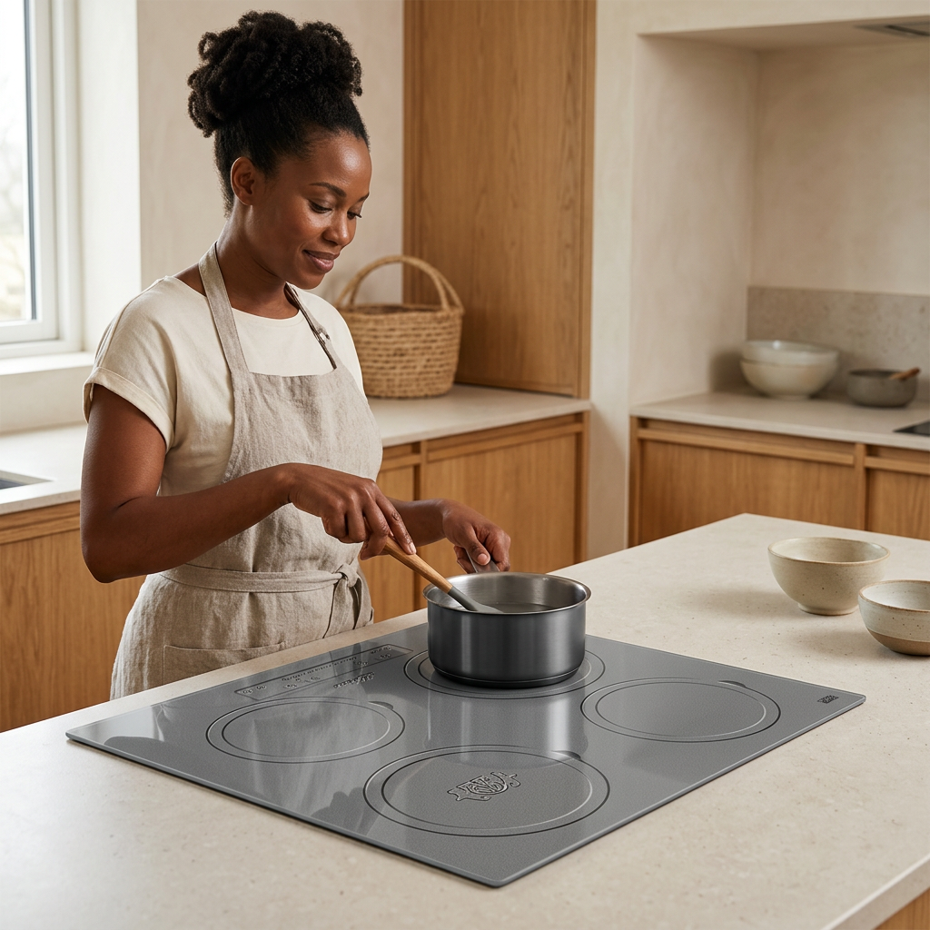 Home cook using the Kaiser Herd induction hob in an oak kitchen