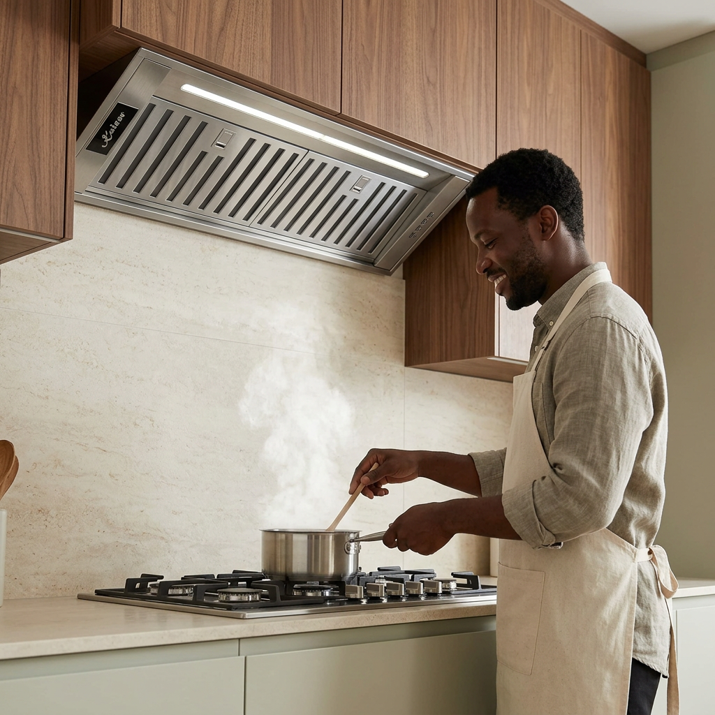 Home cook using the Kaiser stainless steel cooker hood
