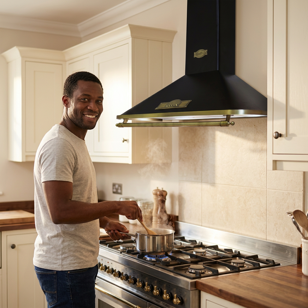 Home cook with face visible beneath the black-and-brass cooker hood
