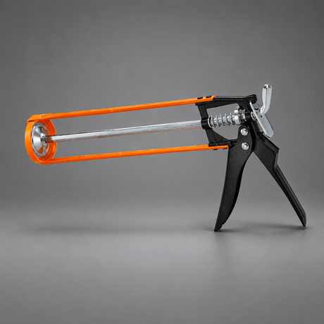Open-frame Coofix caulking gun on a cinematic grey studio background