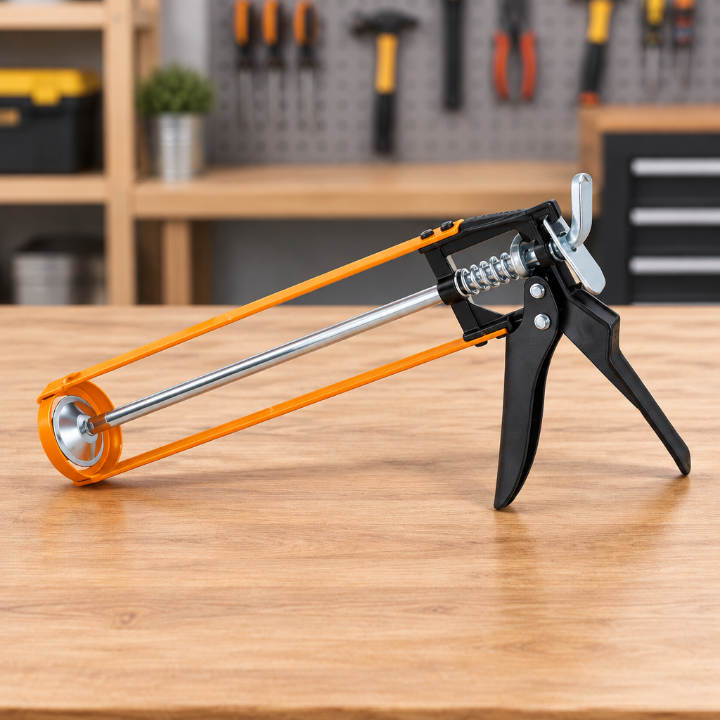Open-frame Coofix caulking gun displayed on a clean workshop table