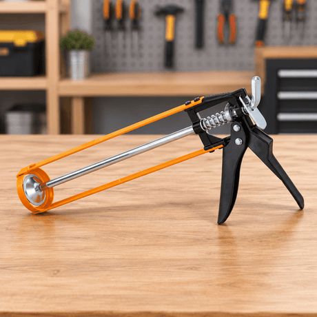 Open-frame Coofix caulking gun displayed on a clean workshop table