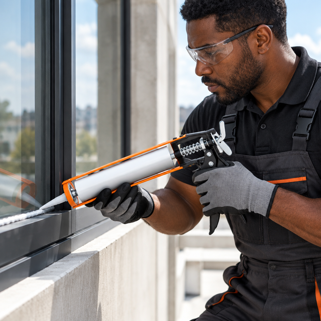 Black professional technician applying sealant with an open-frame Coofix caulking gun