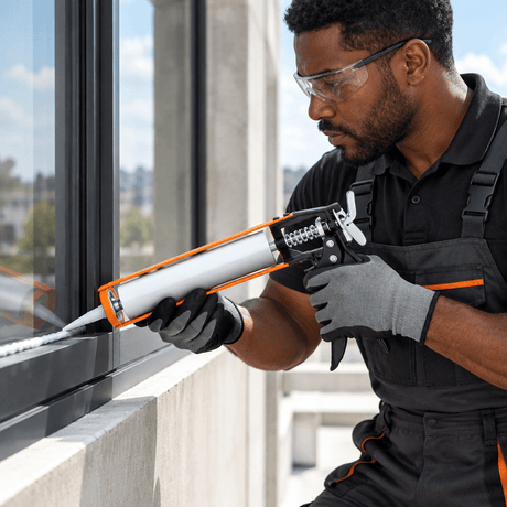 Black professional technician applying sealant with an open-frame Coofix caulking gun