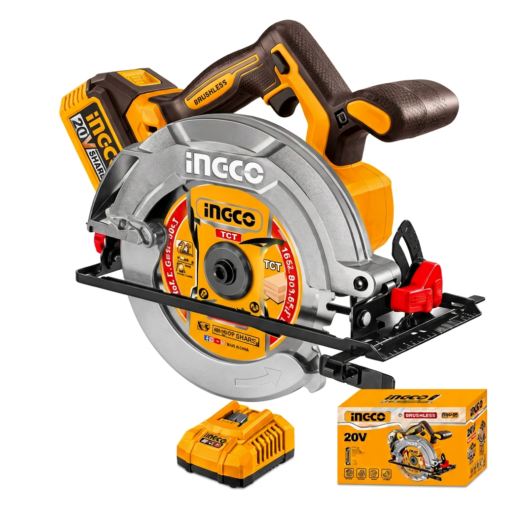 Ingco 165mm circular saw kit on white with one battery, charger, and retail box