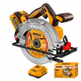 Ingco 165mm circular saw kit on white with one battery, charger, and retail box