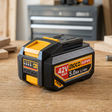 Ingco 5.0Ah battery on a wooden workbench